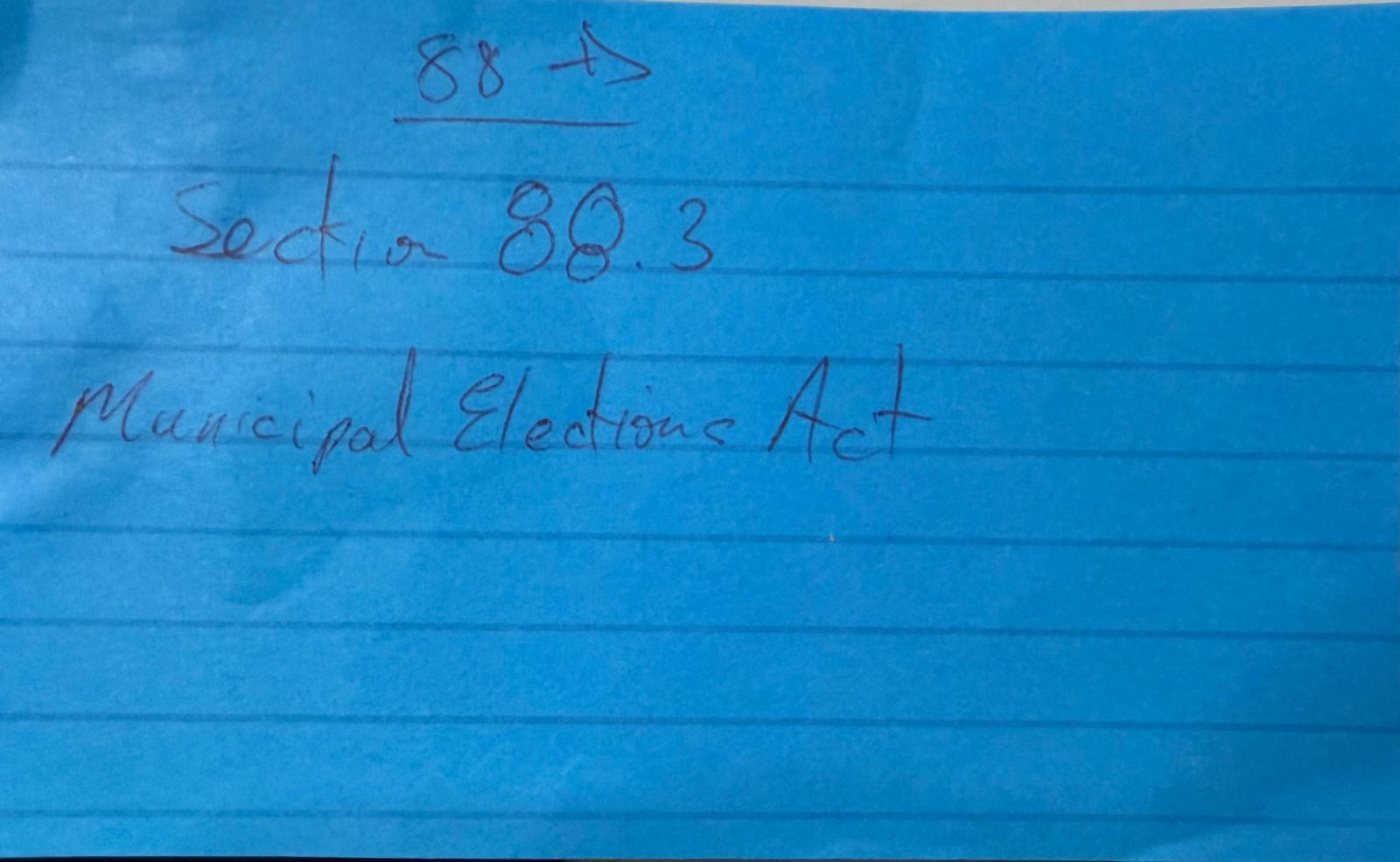 Post-it note, in the CAO/Clerk/Treasurer's own handwriting, reading "Section 88.3, Municipal Elections Act"